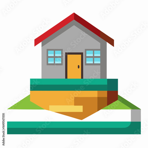 Simple cartoon house on a multi layered foundation with green grass