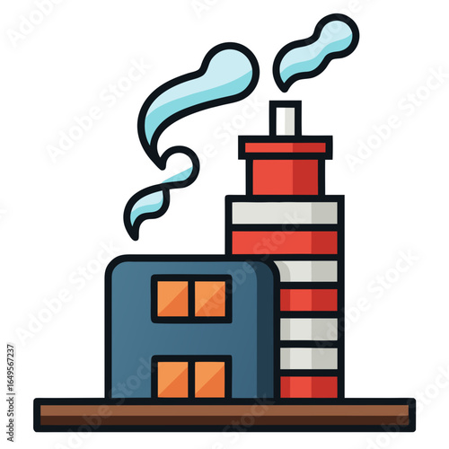 Stylized factory building with smoke billowing from chimney