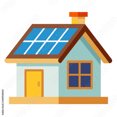 Simple flat illustration of a light blue house with solar panels on the roof