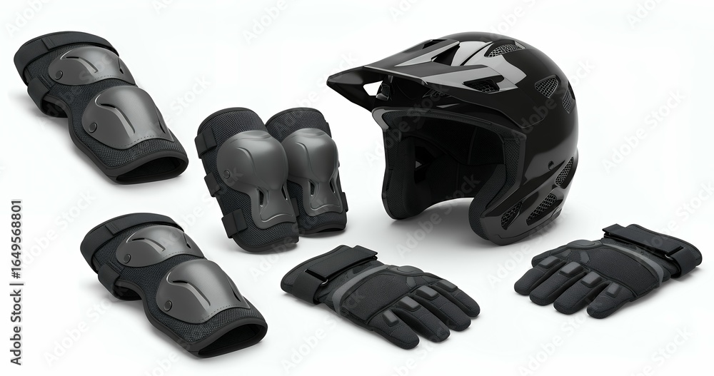 Fototapeta premium Complete BMX mountain bike protective safety equipment set including full face black helmet elbow knee shin guards and padded gloves on white background