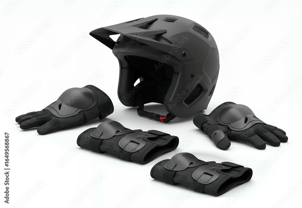 Fototapeta premium Professional mountain biking safety gear equipment set with full-face helmet, protective gloves, and knee pads isolated on white background for extreme sports