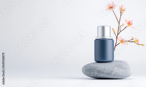 A dark-blue cosmetic bottle sits atop a gray stone, surrounded by delicate pink blossoms on a branch.  Clean, minimalist aesthetic