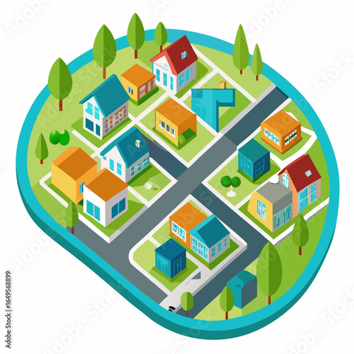 Isometric view of a colorful suburban neighborhood with houses and trees