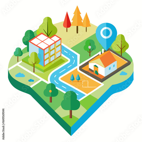 Isometric map with buildings trees river and location pin