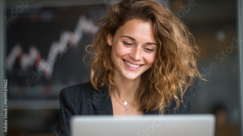 Woman investor smiling while checking stock performance on laptop AI technology concept