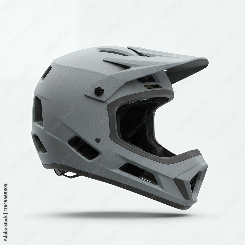 Fototapeta premium Side profile view of matte gray full-face mountain bike helmet with extended visor and ventilation ports for downhill racing protection