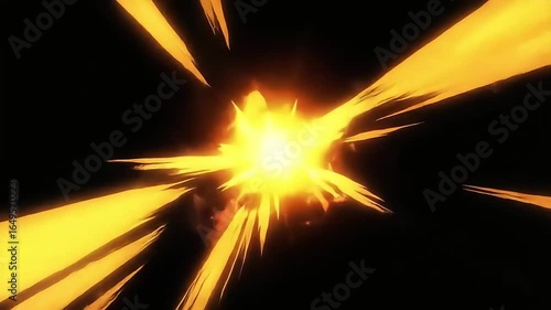 Intense Anime-Style Energy Burst: A Dynamic Radial Explosion and Fiery Impact Flash on a Black Background.