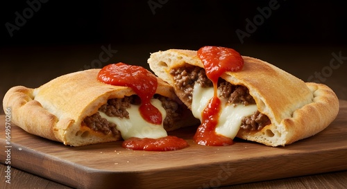 Classic Beef And Cheese Calzone Baked To Golden Perfection, Served With Rich Marinara Sauce, Featuring A Flaky Crust Packed With Savory Meat, Melted Cheese, And Italian Flavor