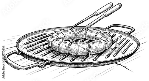 Delicious grilled sausage circle, hand-drawn style, perfect for summer barbecue party invitations and recipe blogs