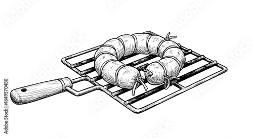 Delicious sausage ring resting on a rustic grill, ready for cooking, perfect for grilling season menus