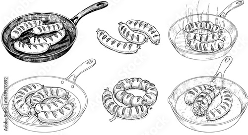 Sizzling sausages cooking in a pan, ready for a delicious meal, hand-drawn illustration