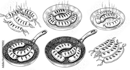 Mouthwatering sausages sizzling in pans and ready to be served, perfect for cooking illustrations