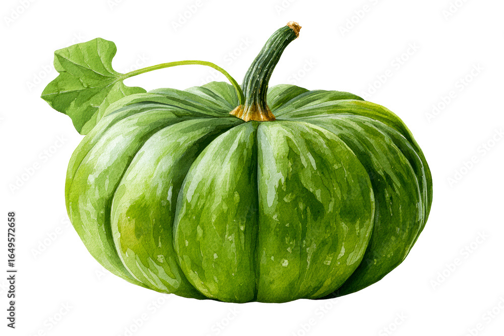 Green pumpkin with stem and leaf in clear style Green pumpkin with stem and leaf in clear style