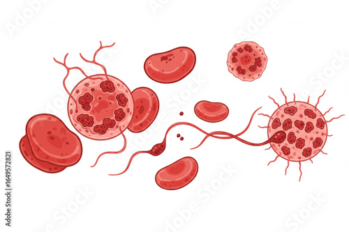 Vibrant illustration of blood cells, anatomy, and biology for medical education and health.