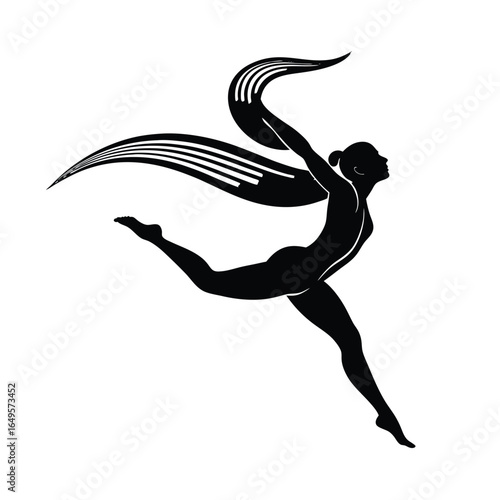 Dynamic silhouette of a leaping dancer with stylized flowing hair