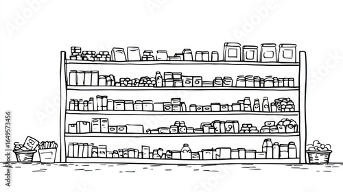 Sketch of shelves with products, containers, and boxes
