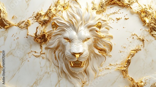 Artistic rendering of a majestic white lion head embellished with golden marble photo