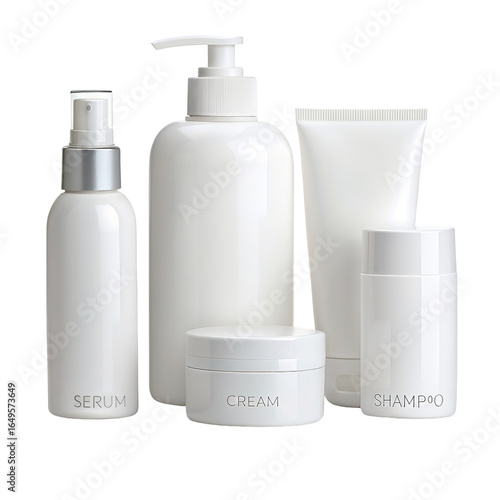 White cosmetic containers featuring skincare serum cream lotion and shampoo bottles on background