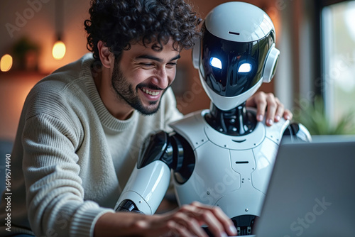 Man and AI humanoid robot work together and collaborating while looking at a laptop, symbolizing AI partnership help job