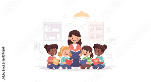 Teacher reading aloud to a group of diverse young children sitting in a circle with books in a bright classroom.