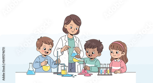 Children and Teacher Engaging in Science Experiment at School Laboratory - Educational Concept