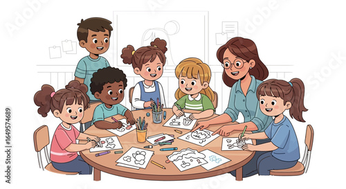 Diverse group of children and a teacher engaged in collaborative art activities at a classroom table.