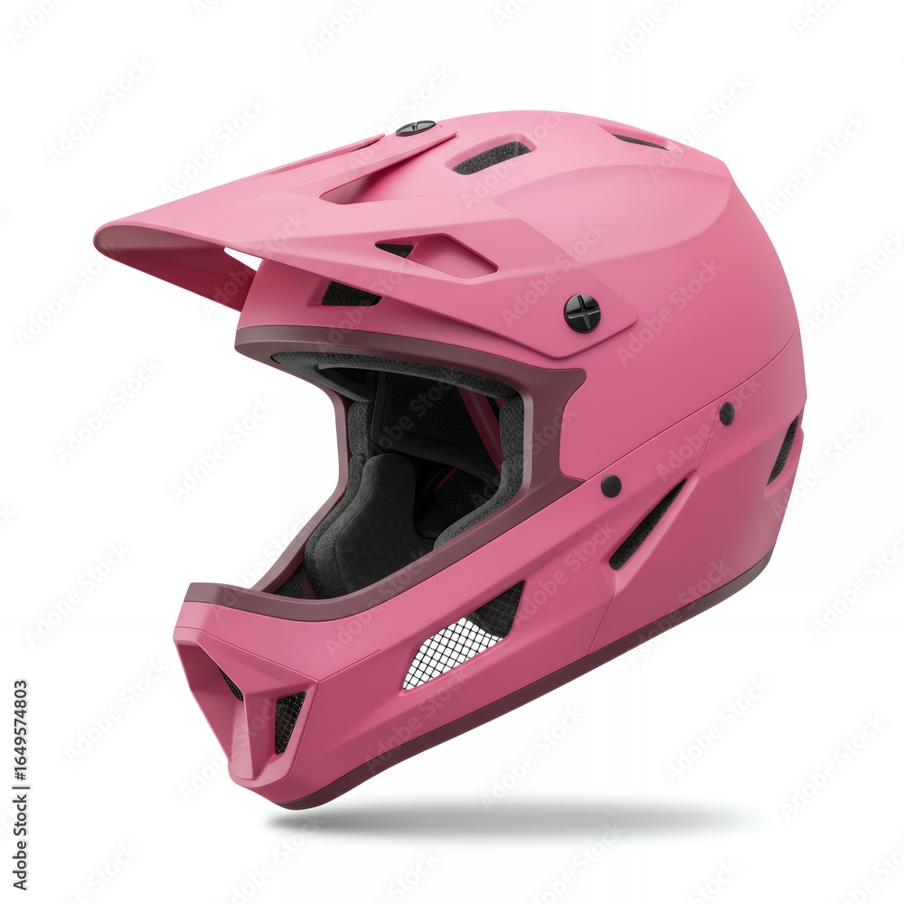 Fototapeta premium Pink full-face mountain bike helmet with integrated chin guard and mesh ventilation for extreme downhill sports