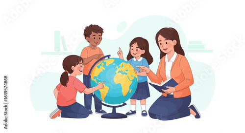 A teacher reading to three young students gathered around a globe, pointing out locations and learning geography.