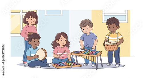 Children playing various musical instruments outdoors, a scene of joyful music lessons.
