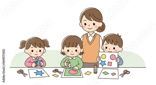 Cartoon illustration of a teacher supervising three young children engaged in arts and crafts activities at a table.