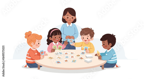 A teacher supervises a group of diverse young children playing a card matching game at a round table.