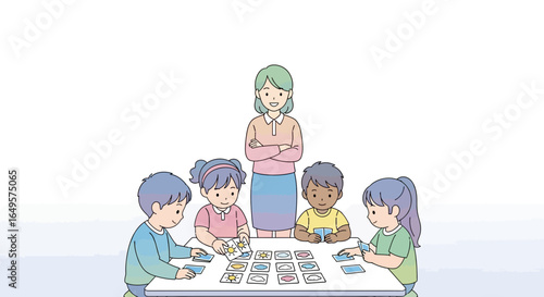 Children and teacher playing matching cards at a table, a simple illustration of a learning activity.