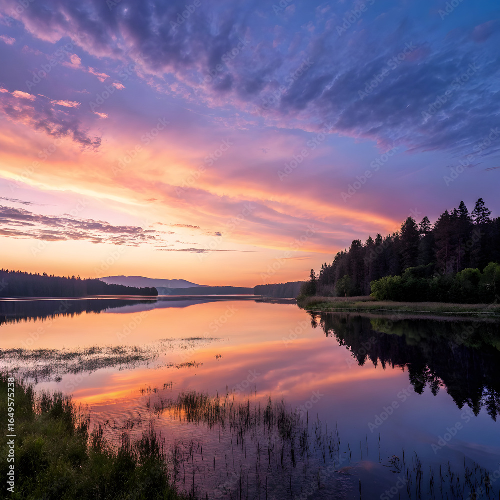 Fototapeta premium Serene lake at sunset with vibrant sky and forest reflection full hd 4k stock image download clouds water