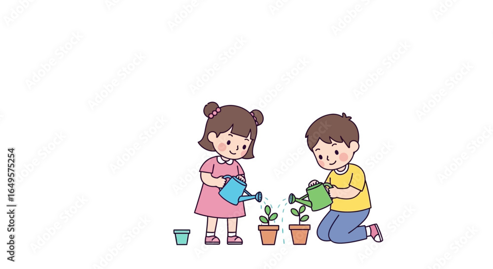 Two children watering plants in pots, a simple illustration of nurturing nature. Two children watering plants in pots, a simple illustration of nurturing nature.
