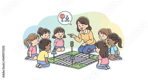 A teacher instructs a group of young children about road safety using a miniature intersection, traffic lights, and signs.