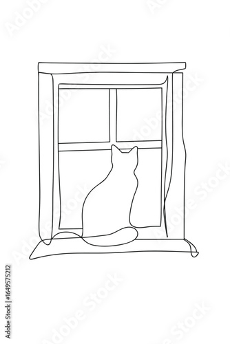 Minimalist single line drawing a cat sitting a windowsill looking out animal domestic