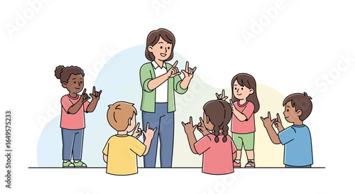 Teacher instructing children in sign language, a group lesson in communication.