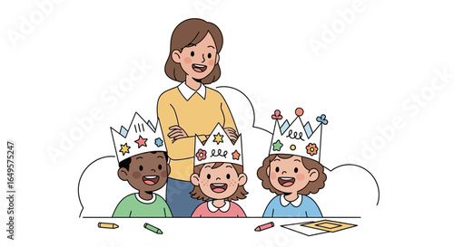 Smiling teacher and diverse children wearing crowns, engaged in an activity, possibly art class.