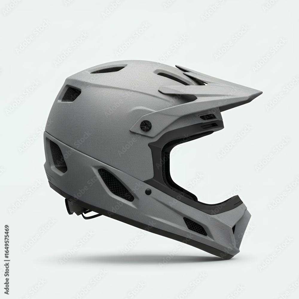Fototapeta premium Modern gray full-face mountain bike helmet with streamlined profile ventilation system and protective chin bar for downhill racing safety