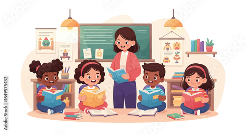 Classroom scene of diverse children and teacher engaged in reading.