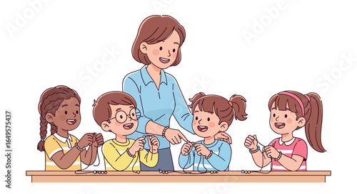 Teacher guiding children in a crafting activity, likely braiding or stringing beads.