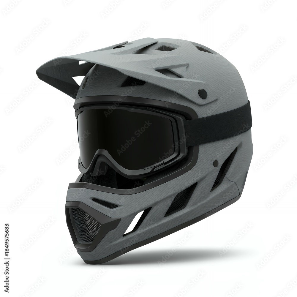 Fototapeta premium Gray full-face mountain bike helmet with mesh ventilation panels and tinted goggles for all-mountain riding and gravity sports protection equipment