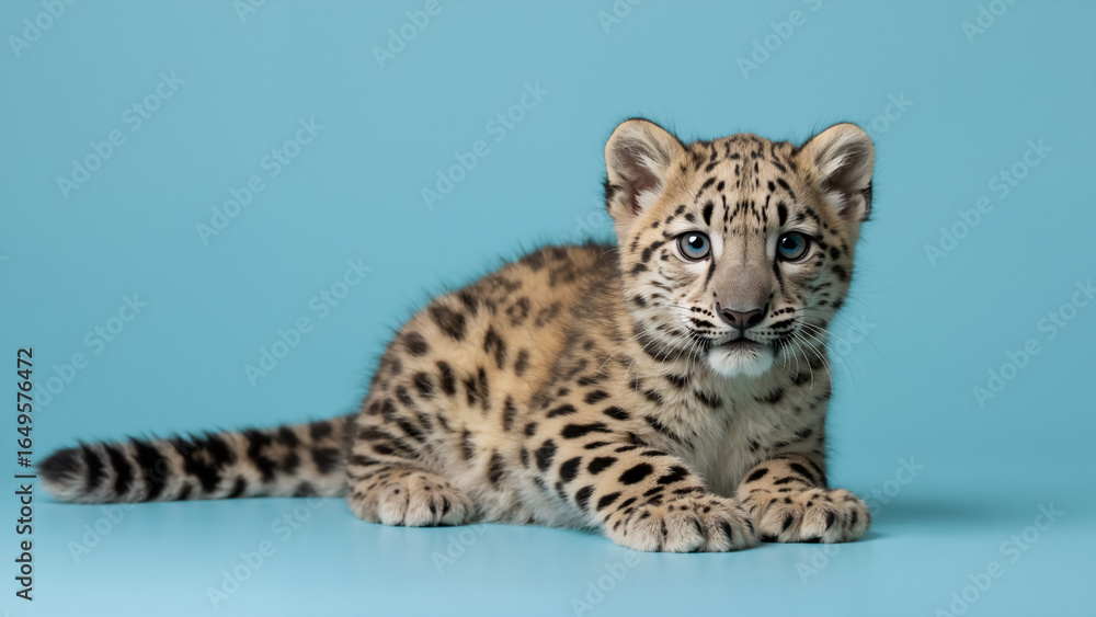 Naklejka premium A cute snow leopard cub lying down on a blue background. Young irbis looking at the camera.