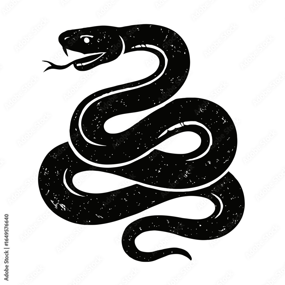 Obraz premium Grungy Vector Illustration of a Coiled Snake with a Flicking Tongue