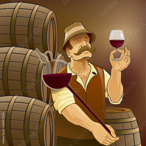 wine maker with glass of wine in cellar with kegs