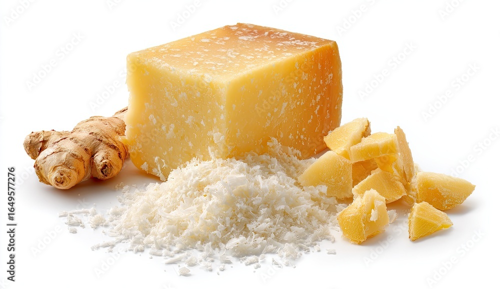 Naklejka premium Block of Parmesan cheese, grated Parmesan, and ginger root