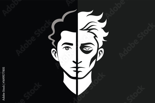 Duplicity of Man A Bipartite Portrait in Contrasting Black and White