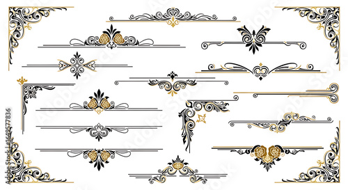 A collection of black and gold decorative borders and corners on a white background design elements