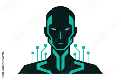 Abstract vector illustration of a futuristic humanoid robot connected with cables