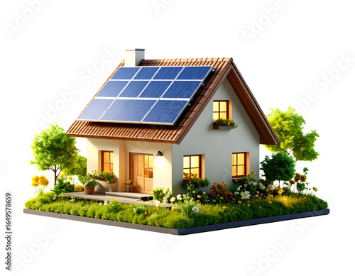 Sustainable Energy Mini House with Solar Panels and Plants PNG